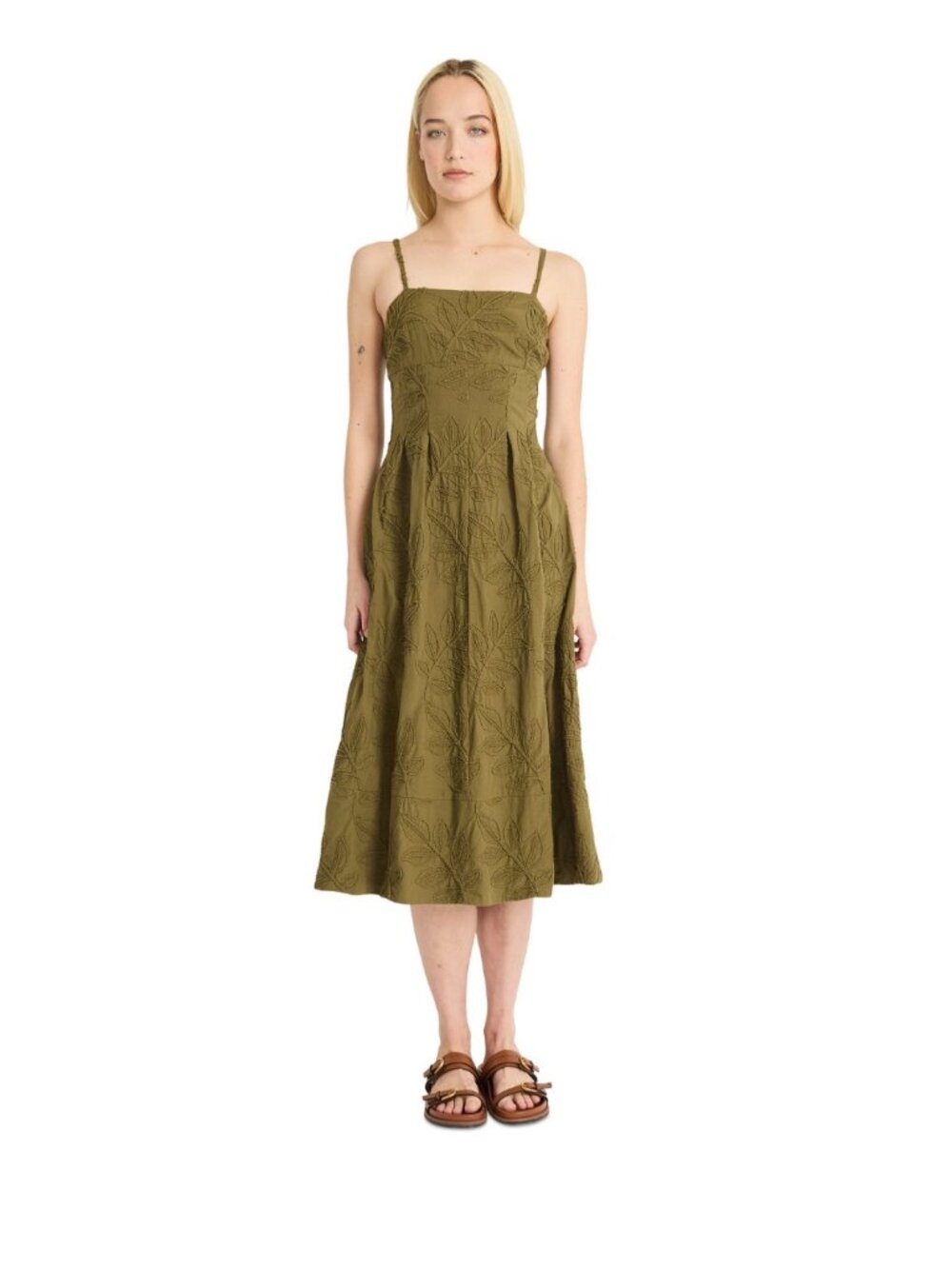 Luxely Olive Green Embroidered Midi Dress With Adjustable Straps & Back Zipper S
